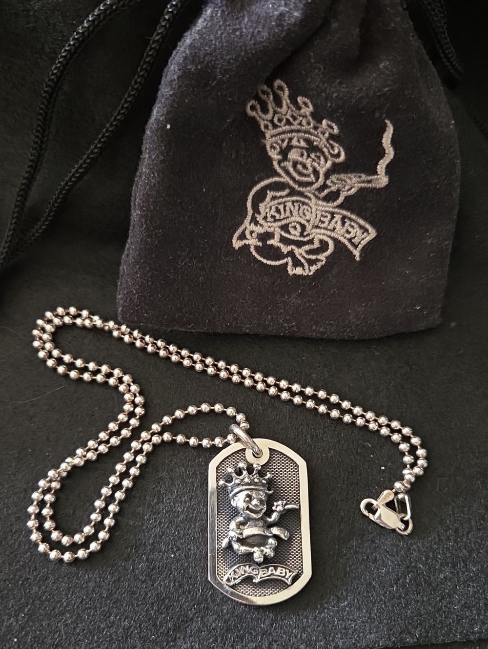 New In Pouch Rare Vintage King Baby Studio Silver Crowned Baby Dog Tag Necklace